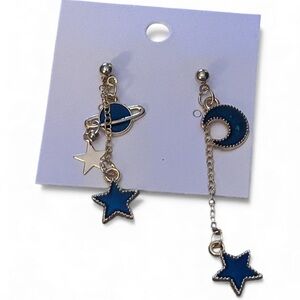 Mismatched Celestial Drop Earrings – Blue & Gold-Tone Planet, Moon & Star Charms